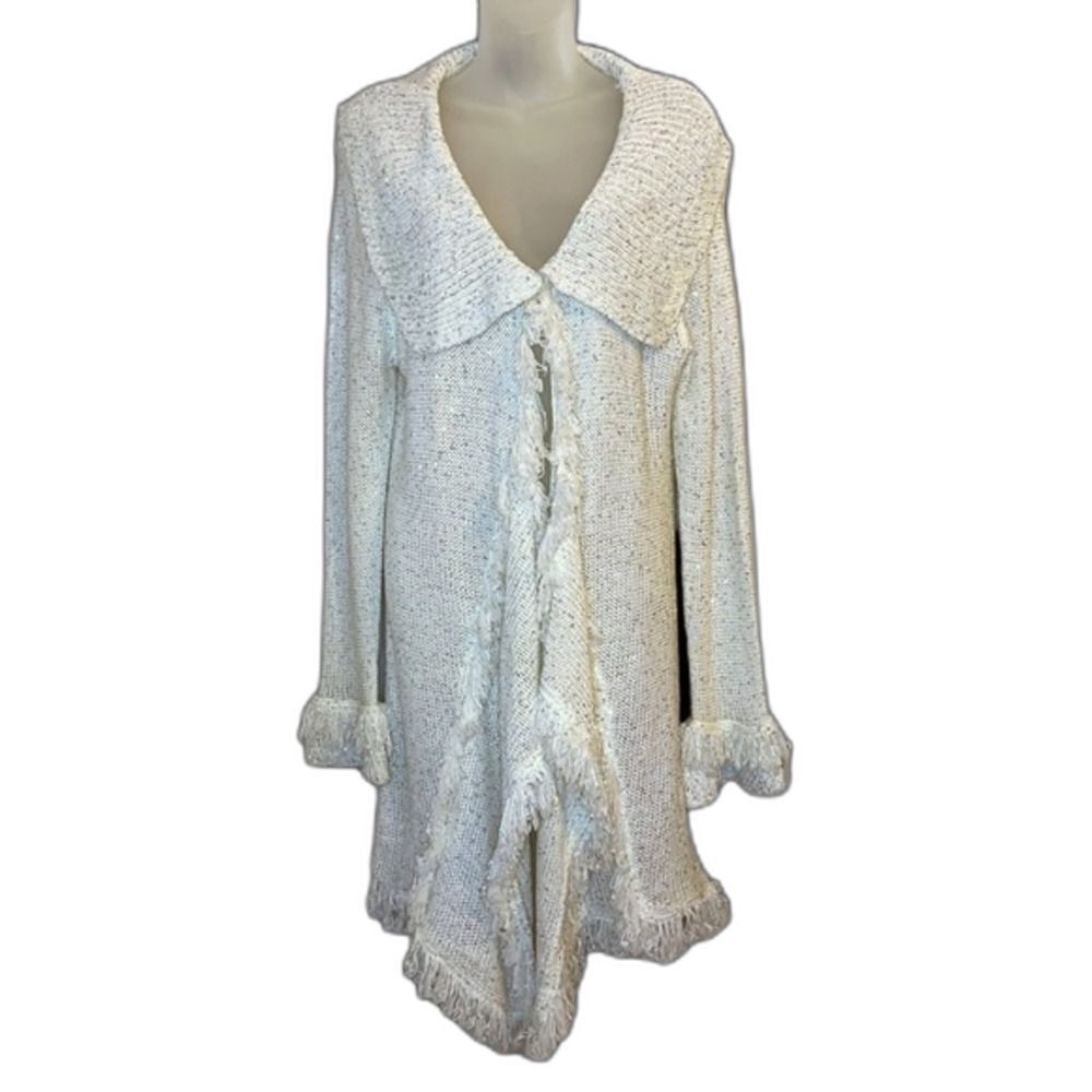 Lily XL Ivory Sparkle Open Knit Fringe Duster Cardigan Boho